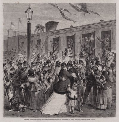 Soldados de la Gardelandwehr prusiana recibidos en la estación de Potsdam, Berlín, a su regreso de la Guerra Franco-Prusiana, 22 de marzo de 1871 (grabado) de German School