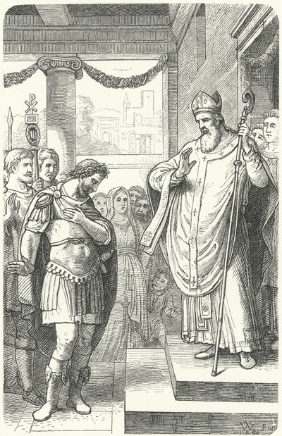 San Ambrosio impidiendo al emperador romano Teodosio I entrar en la Catedral de Milán como castigo por la Masacre de Tesalónica, 390 de German School
