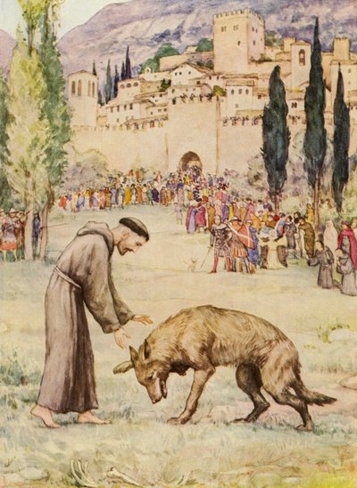 San Francisco y la loba de Gubbio (litografía en color) de German School