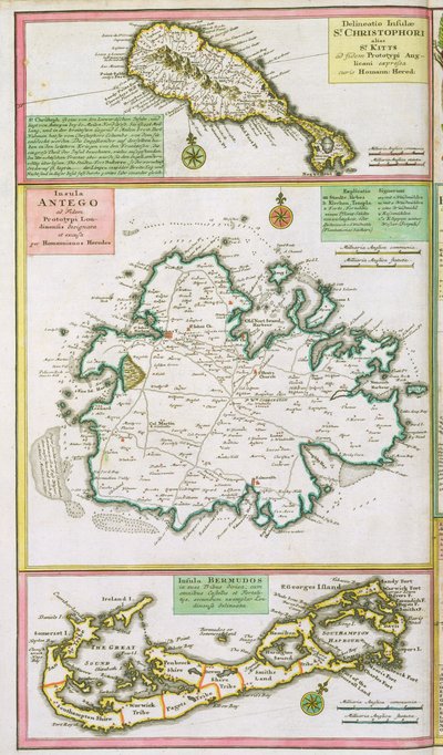 San Cristóbal, Antigua y Bermudas (detalle de un mapa de las colonias inglesas en el Caribe, publicado por los herederos de Homann, Núremberg, c.1750) de German School