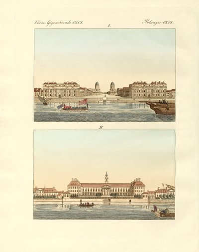 Edificios extraños en Inglaterra (grabado coloreado) de German School