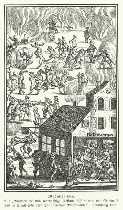 Vida estudiantil: escena de Gesichte Philanders von Sittewald, de Johann Michael Moscherosch (grabado) de German School