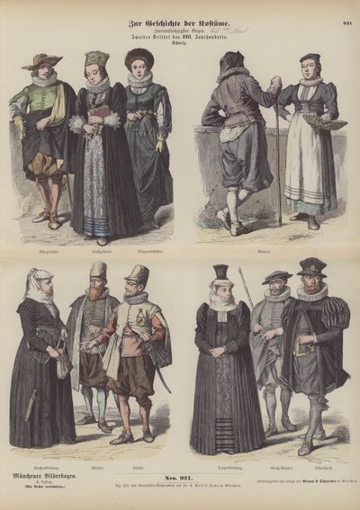 Trajes suizos, mediados del siglo XVII (grabado coloreado) de German School