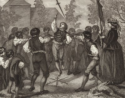 Danza de espadas, Dithmarschen, Schleswig-Holstein. Ilustración para Bilder-Atlas (grabado) de German School