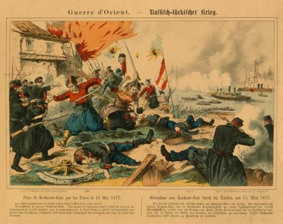 Toma de Suchum-Kale por los turcos durante la Guerra Ruso-Turca, 15 de mayo de 1877, publicada por F.C. Wentzel, Weissenburg, 1877 de German School