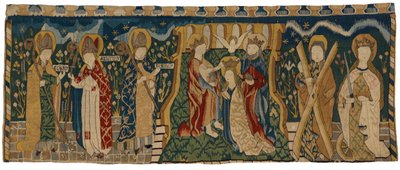 Antependio de tapiz que representa la Coronación de la Virgen entre tres santos obispos y dos santos, procedente de Alemania Media de German School