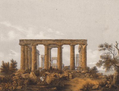 Templo de Aphaea, Egina, Grecia (litografía en color) de German School