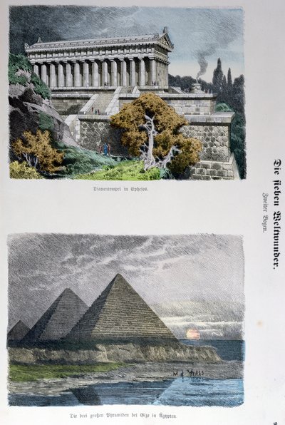Templo de Diana en Éfeso y las Pirámides de Giza, de la serie de las Siete Maravillas del Mundo publicada en Munchener Bilderbogen, 1886 de German School