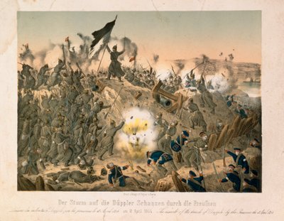 La batalla de Dybboel en la Segunda Guerra de Schleswig, el 18 de abril de 1864, publicada por Verlag A. Felgner, Berlín, 1864 de German School