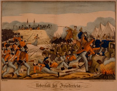 La batalla de Fredericia durante la Primera Guerra de Schleswig, 6 de julio de 1849, Neuruppiner Bilderbogen, publicada por Oehmigke & Riemschneider, c.1850 de German School