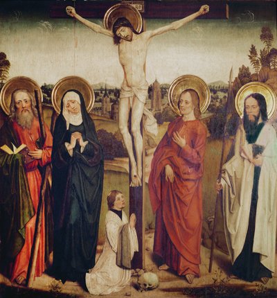 La Crucifixión, con San Andrés, San Mateo y un hombre arrodillado al pie de la cruz de German School