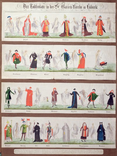 La Danza de la Muerte de la Marienkirche en Lübeck (grabado en color) de German School