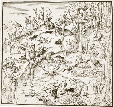 La vara de adivinación, de Bergwerk Buch por Georg Agricola, Frankfurt 1580, ilustrado en una Historia de la Magia, publicado a finales del siglo XIX de German School