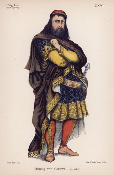 El Duque de Cornualles, de El Rey Lear de Shakespeare (litografía en color) de German School