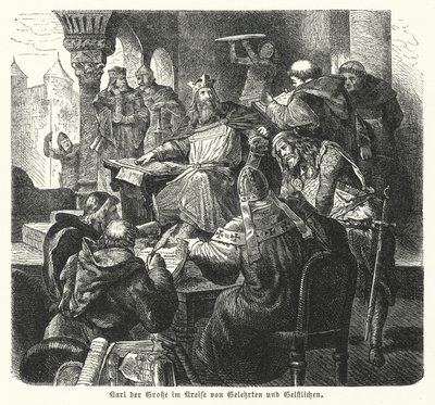 El Emperador Carlomagno rodeado de eruditos y miembros del clero de German School