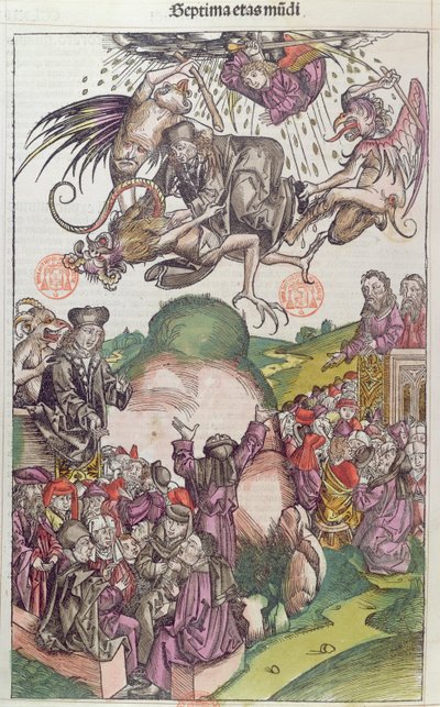 La Caída de Simón el Mago, de La Crónica de Núremberg por Hartmann Schedel, Núremberg, 1492 de German School