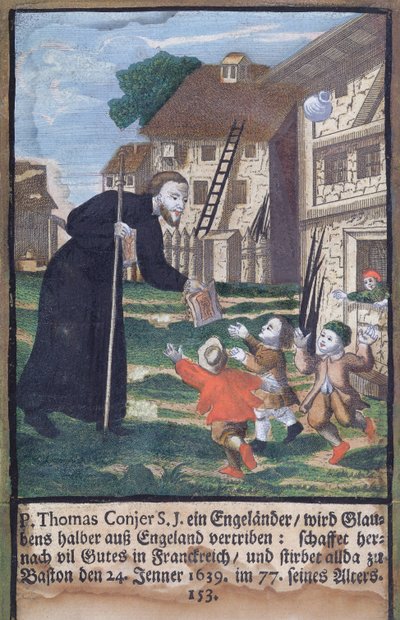 El Padre Jesuita Thomas Conjer evangelizando Francia, del Martirologio de los Jesuitas, 1688 de German School