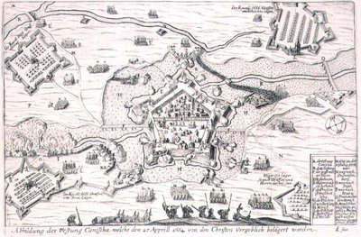 La Fortaleza de Canischa asediada en vano por los Cristianos en 1664, ilustración de un libro sobre las campañas otomanas en Europa, grabado por Paul Furst de German School