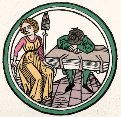 Los Cuatro Temperamentos: Melancólico (triste y deprimido). Xilografía, Augsburgo 1480 de German School