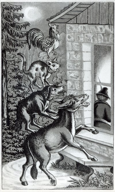 Los cuatro animales gritando en la ventana, ilustración para Los músicos de Bremen, cuento de los hermanos Grimm de German School