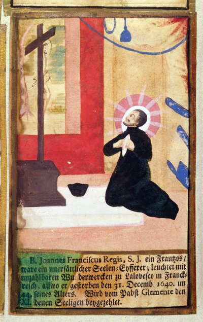 El Padre Jesuita Francés Jean François Regis (1597-1640) arrodillado ante un crucifijo, del Martirologio de los Jesuitas, 1688 de German School