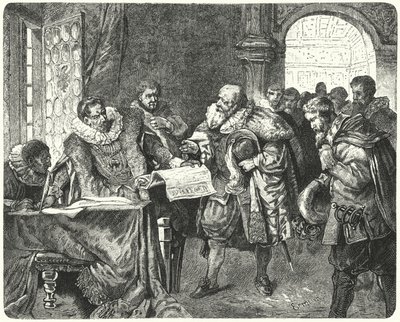 El Emperador del Sacro Imperio Romano Germánico Rodolfo II otorgando mayor libertad religiosa a los protestantes bohemios en su Carta de Majestad de German School