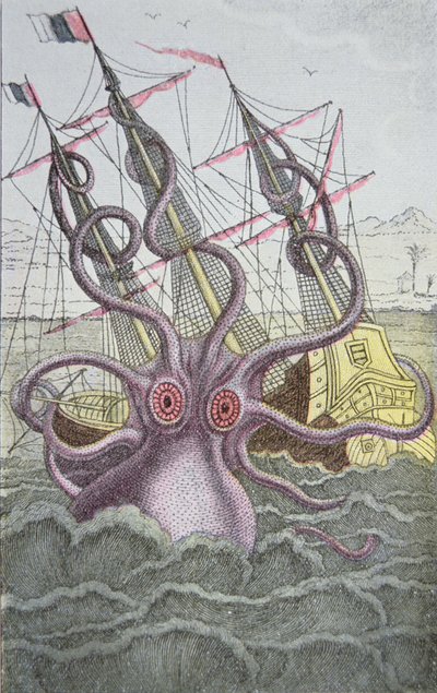El Kraken arrastra un barco (grabado coloreado) de German School