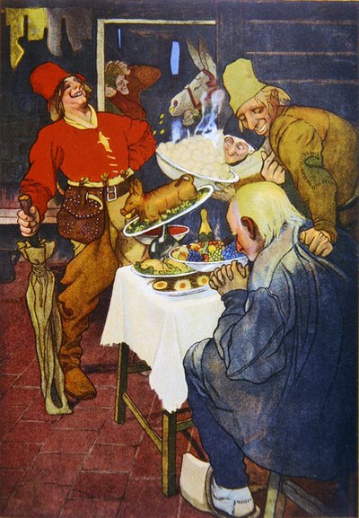 La mesa mágica y el burro de oro, ilustración de un cuento de hadas de los hermanos Grimm de German School