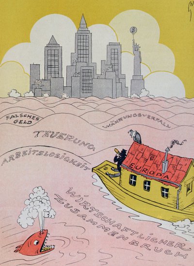 El Nuevo Diluvio en el Viejo Mundo, caricatura referente a la crisis económica europea de los años 1920, de la revista Kladderadatsch, Berlín, 1926 de German School