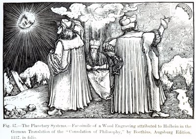 Los sistemas planetarios, de La Consolación de la Filosofía de Boecio, publicada en 1537, ilustración de Ciencia y Literatura en la Edad Media y el Renacimiento, escrita y grabada por Paul Lacroix de German School