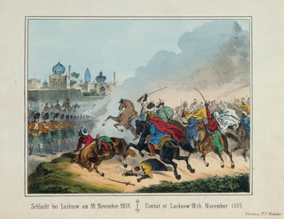 El sitio de Lucknow en Uttar Pradesh durante la Rebelión India de 1857, hoja ilustrada publicada por P.C. Geissler, Núremberg, 1857 de German School