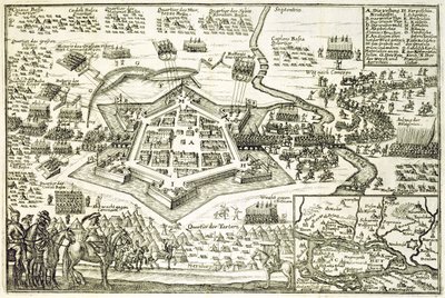 El Sitio de Neuhausel por los Turcos en 1663, ilustración de un libro sobre las campañas otomanas en Europa, grabado por Paul Furst de German School