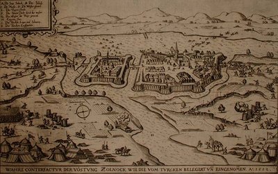 El Asedio de Zolnock por los Turcos en 1552, ilustración de un libro sobre las campañas otomanas en Europa, grabado por Paul Furst de German School