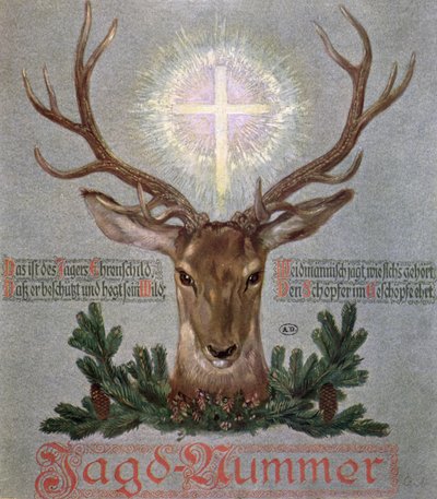 El ciervo de San Huberto (655-727), ilustración de portada de una revista de caza, 1908 de German School