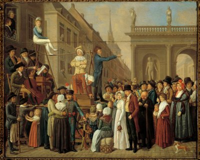 La escena del escenario espectáculo callejero con músicos y comediantes de German School