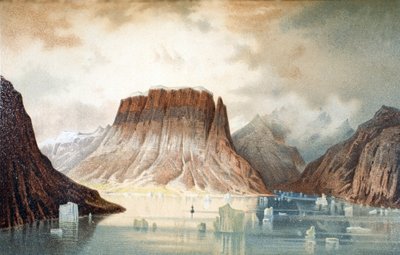 La montaña Teufelschloss (Castillo del Diablo) en el fiordo Kejser Franz Joseph, pub. Londres, 1874 de German School