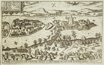 La Ciudad de Tokay Recuperada de los Turcos por Herr Schwendi en 1565, ilustración de un libro sobre las campañas otomanas en Europa, grabado por Paul Furst de German School