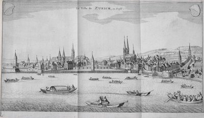 La ciudad de Zúrich, Suiza, del Volumen II de Itinera Alpina por Johann Jacob Scheuchzeri, publicado en 1706 de German School
