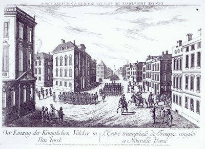 La entrada triunfal de las tropas reales en Nueva York, 1776, grabado por François Xavier Habermann de German School