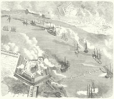 La flota de la Unión atacando Fort Jackson y Fort St Philip, Luisiana, Guerra Civil Americana, 1862 de German School
