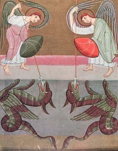Los ángeles acompañando a San Miguel atacan a los dragones, facsímil del Apocalipsis de Bamberg de German School