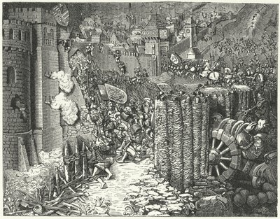 El ejército del Sacro Emperador Romano Maximiliano I asaltando Szekesfehervar, capital medieval del Reino de Hungría de German School