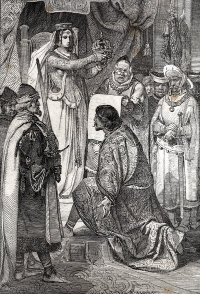 La coronación de Erik XIII de Pomerania como rey de los reinos nórdicos de Suecia, Dinamarca y Noruega, por Margarita I de Dinamarca de German School
