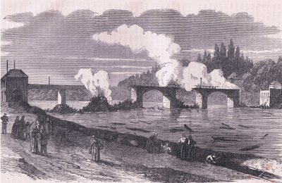 La defensa de París-quema del puente de Asnieres, Cassells History of the War between France and Germany publicado por Cassell and Company Limited, c.1890 de German School