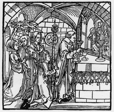 El diablo hace que las mujeres charlen durante la misa - en “Der Ritter von Turn” por el Caballero Marquard vom Stein de German School