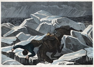 La caída del Conde Sandor y su caballo en el hielo roto del Danubio. En 