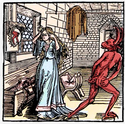La dama admirándose en el espejo solo ve un reflejo del trasero del Demonio - símbolo de la Vanidad - Conducta irreverente del diablo hacia una mujer coqueta - en 