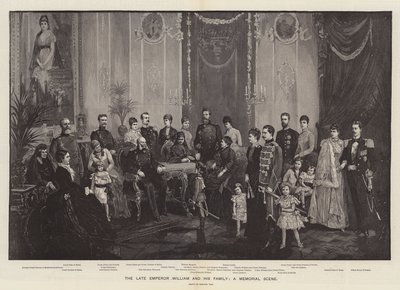 El difunto emperador Guillermo y su familia, una escena conmemorativa (grabado) de German School