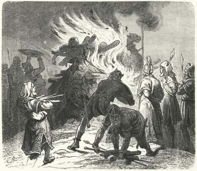El legendario rey sueco Sigurd Hring quemando el cuerpo de Harald Wartooth después de la Batalla de Bravellir de German School