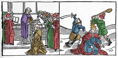 El martirio de San Fabián (siglo III), Papa torturado y decapitado, bajo el reinado del emperador Decio. Grabado de “Leben der Heiligen - sommerteil” (El libro de los santos) de Jacobus de Voragine. Lübeck 1488 de German School